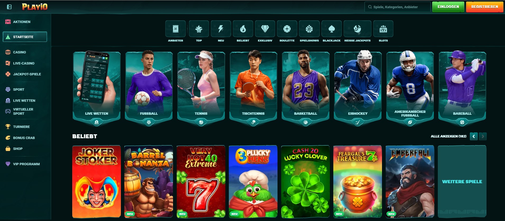 Casino-Website mit einer Vielzahl an Live-Casino-Spielen, darunter Gold Saloon Roulette, Crazy Time und Mega Fire Blaze Roulette Live. Die übersichtliche Navigation bietet Kategorien wie Casino, Live Casino, Jackpots und Sportwetten. Perfekt für Spieler, die ein Casino ohne OASIS suchen.