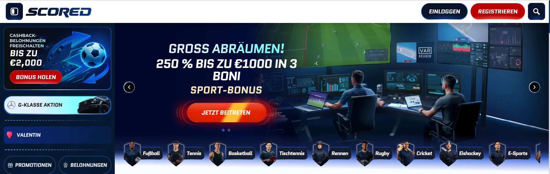 Promotionsseite für Online Sportwetten Schweiz mit Cashback-Belohnungen bis zu €2,000, exklusiven Boni und vielfältigen Sportarten wie Fußball, Tennis und E-Sports.